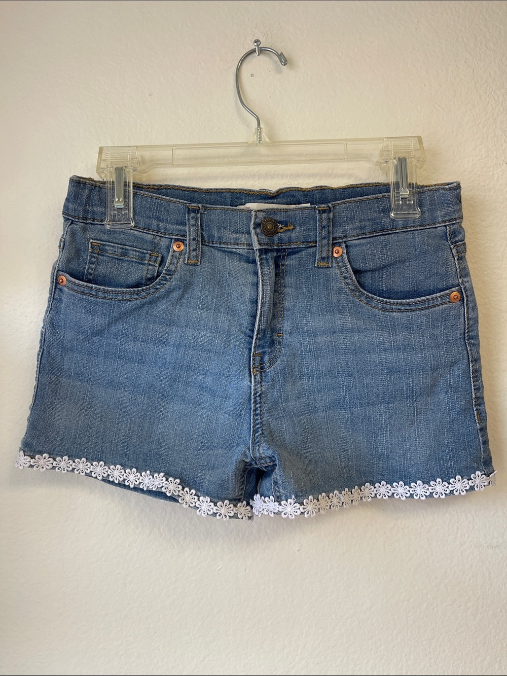 Levi's Light Blue Denim Shorts with White Daisy Lace Trim